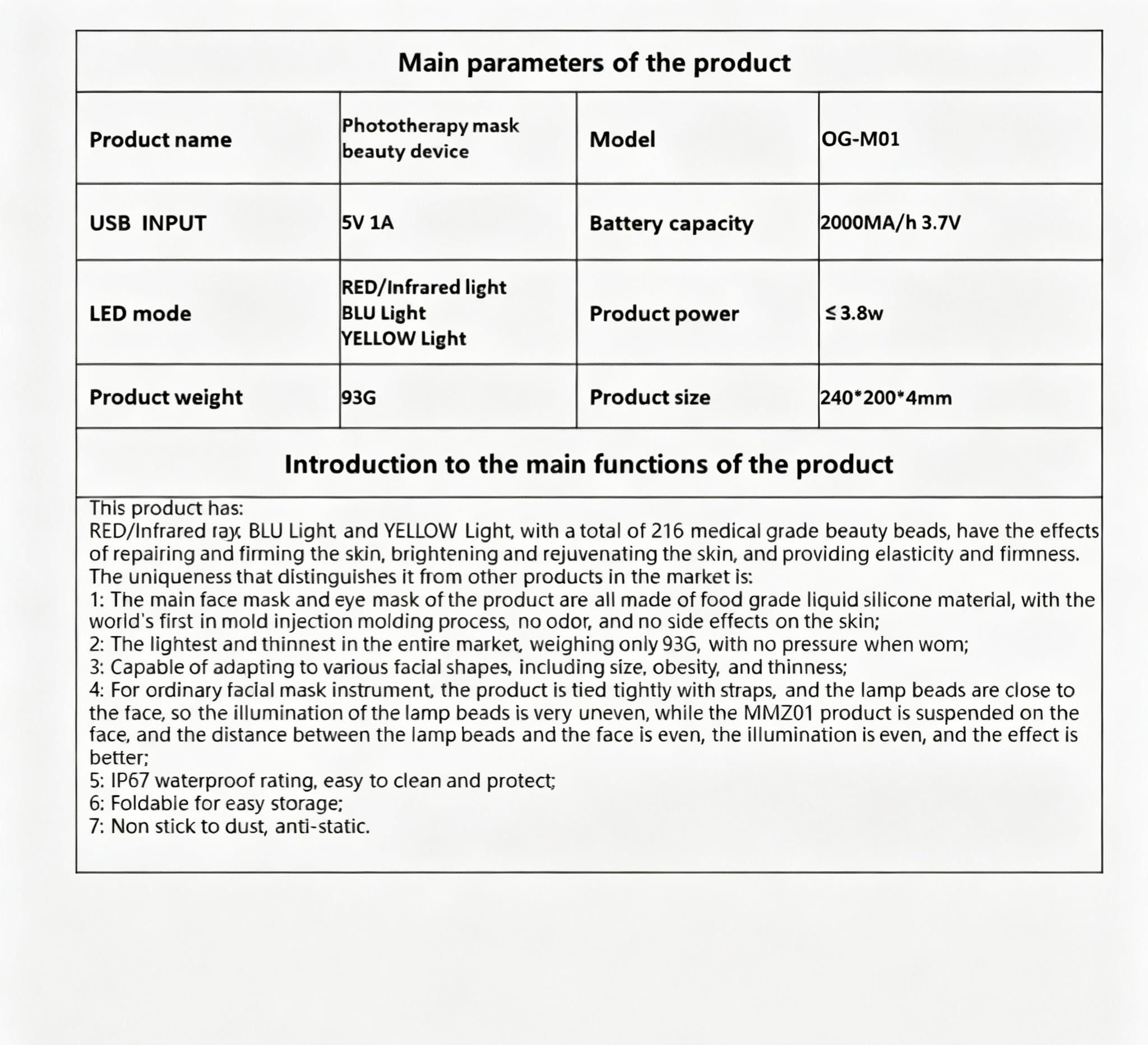 OG-M01 LED Face Mask | IPX67 Waterproof | OEM & ODM Supported OG-M01 LED Face Mask | IPX67 Waterproof | OEM & ODM Supported